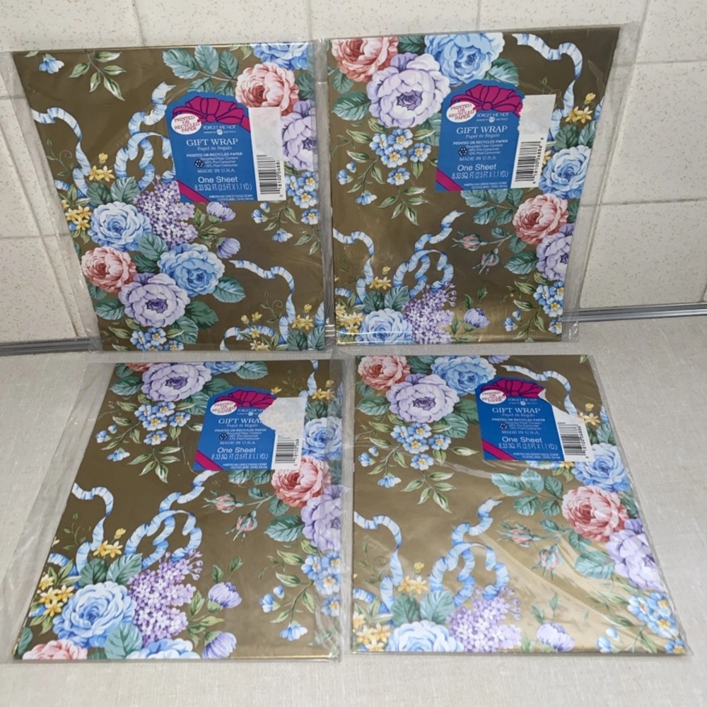 American Greetings Vintage‎ Gold Multiple Color Floral Gift Wrap 4 Sheets Sealed